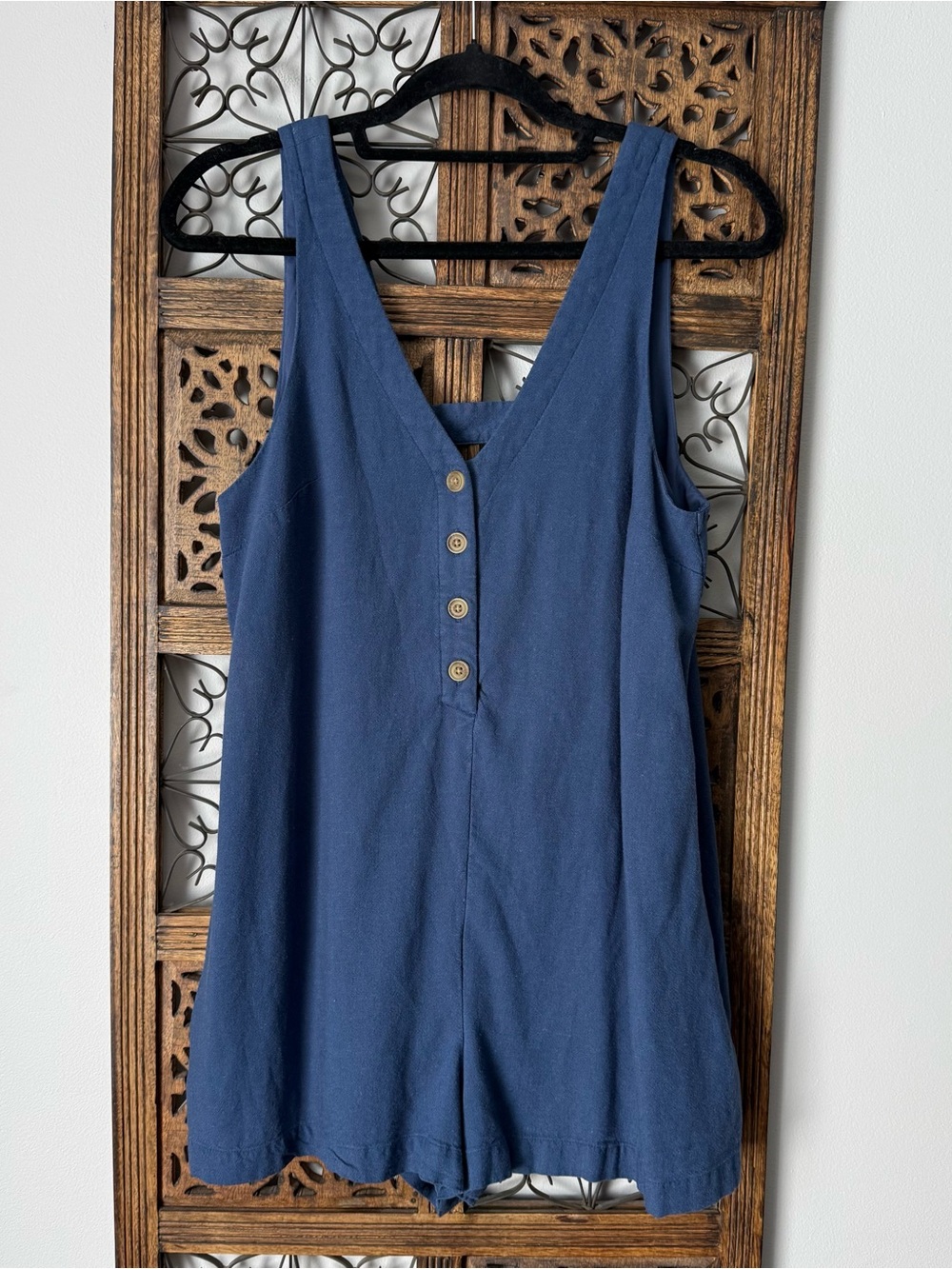 American Eagle Outfitters Linen Navy Blue Button-Front Romper
